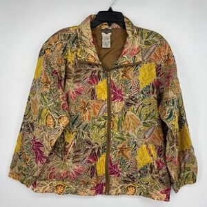 Vintage Out Brook Womens Large Bomber Jacket 100% Silk Fall Leaf Print Relaxed